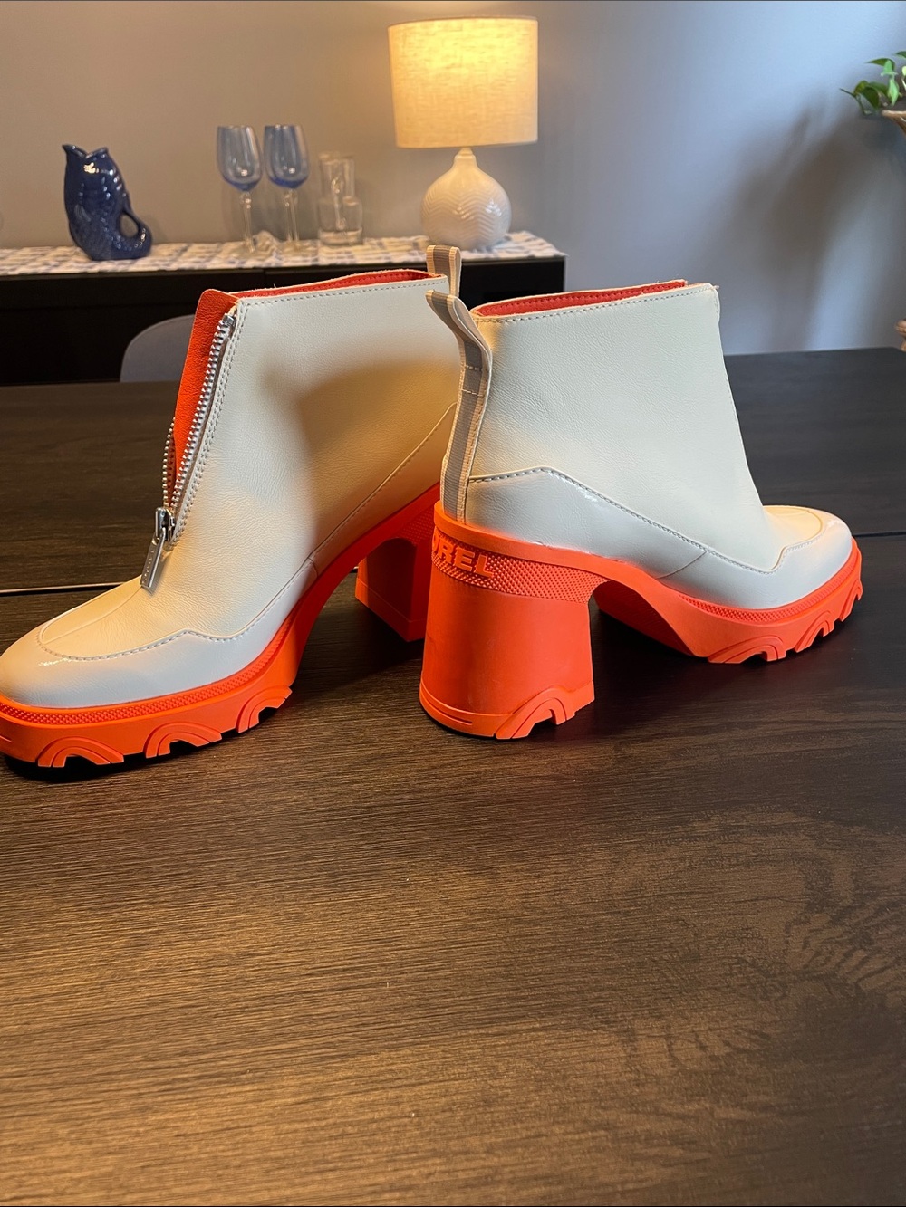 Sorel Brex Ceramic White and Orange Chunky Heel Ankle Boot - Picture 3 of 7